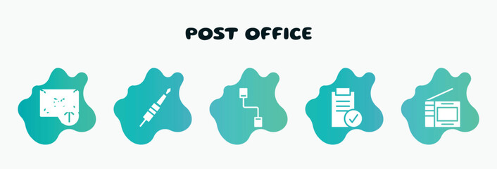 Poster - post office filled icons set. flat icons such as jack cable, communicator, approval, portable television, outgoing icon collection. can be used web and mobile.