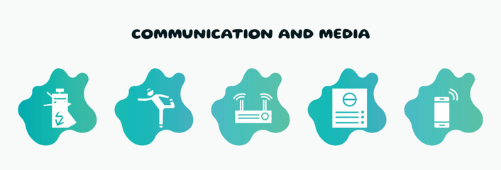 Poster - communication and media filled icons set. flat icons such as stretching, modem, intercom, mobilephone, mouse clicker icon collection. can be used web and mobile.