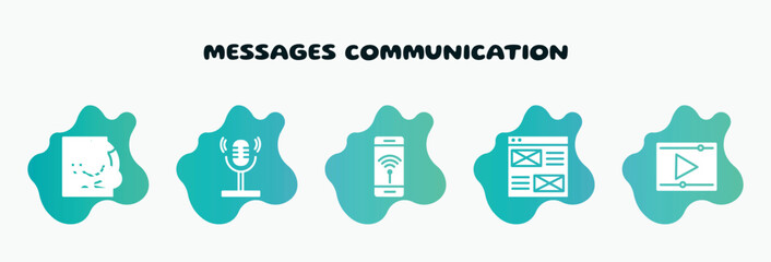 Poster - messages communication filled icons set. flat icons such as voice recorder, smartphone with wireless internet, wireframe, video play, web camera icon collection. can be used web and mobile.