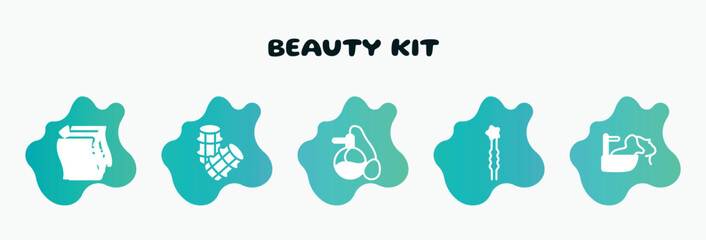 beauty kit filled icons set. flat icons such as hair rollers, parfum, two hairpins, hair washing, cleaning wipes icon collection. can be used web and mobile.