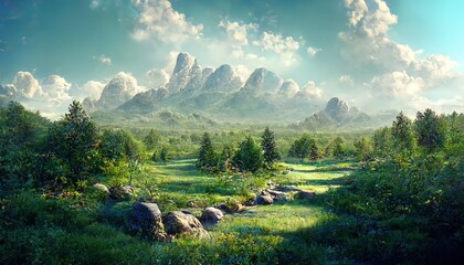 Fototapete - Summer forest under blue sky with clouds, mountains, green meadow and huge stones
