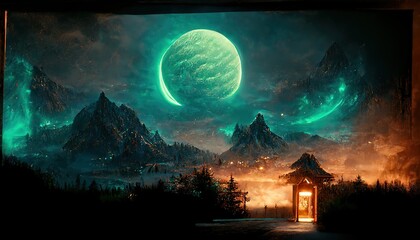 Poster - Portal at night in a mountain mystical valley, a bright glow around