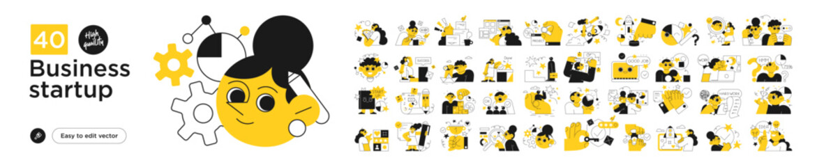 business startup concept illustrations. collection of scenes with people building new business, plan