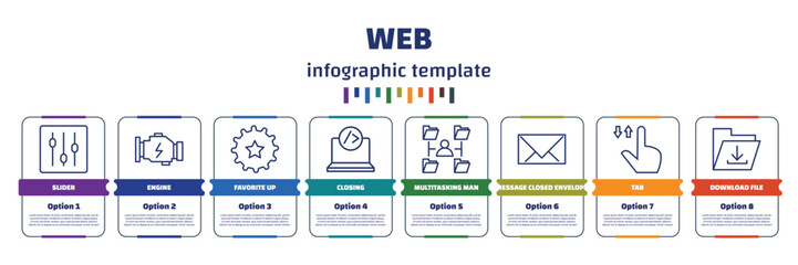 Poster - infographic template with icons and 8 options or steps. infographic for web concept. included slider, engine, favorite up, closing, multitasking man, message closed envelope, tab, download file