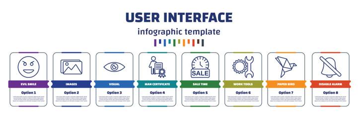 Poster - infographic template with icons and 8 options or steps. infographic for user interface concept. included evil smile, images, visual, man certificate, sale time, work tools, paper bird, disable alarm