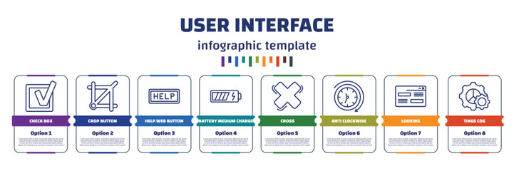 Poster - infographic template with icons and 8 options or steps. infographic for user interface concept. included check box, crop button, help web button, battery medium charge, cross, anti clockwise,