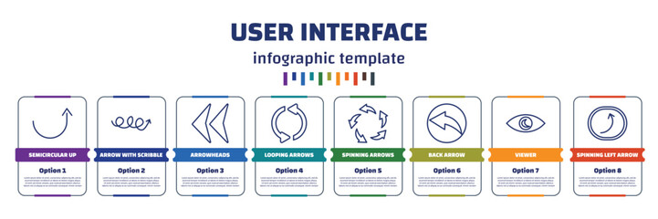 Poster - infographic template with icons and 8 options or steps. infographic for user interface concept. included semicircular up arrow, arrow with scribble, arrowheads, looping arrows, spinning arrows, back