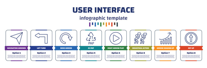 Poster - infographic template with icons and 8 options or steps. infographic for user interface concept. included navigation arrows, left turn, redo arrow, 21 pap, right arrow play button, industrial action,