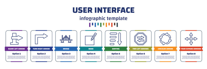 Poster - infographic template with icons and 8 options or steps. infographic for user interface concept. included blank left arrow, turn right arrow, bridge, make, sorting, two left arrows, circular arrow,