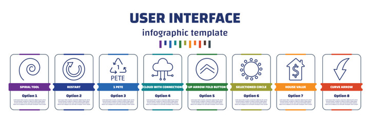 Poster - infographic template with icons and 8 options or steps. infographic for user interface concept. included spiral tool, restart, 1 pete, cloud with connection, up arrow fold button, selectioned
