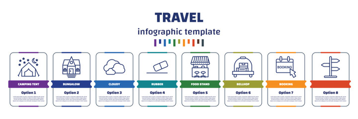 Wall Mural - infographic template with icons and 8 options or steps. infographic for travel concept. included camping tent, bungalow, cloudy, rubber, food stand, bellhop, booking, icons.