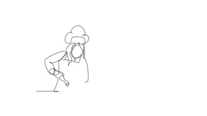 Wall Mural - Animated self drawing of single continuous line draw young happy female chef sparkling salt paper seasoning into meal dish. Preparing organic food for catering concept. Full length one line animation.