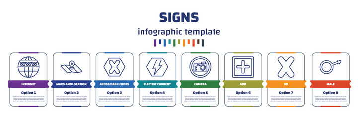 Poster - infographic template with icons and 8 options or steps. infographic for signs concept. included internet, maps and location, gross dark cross, electric current, camera, add, no, male icons.
