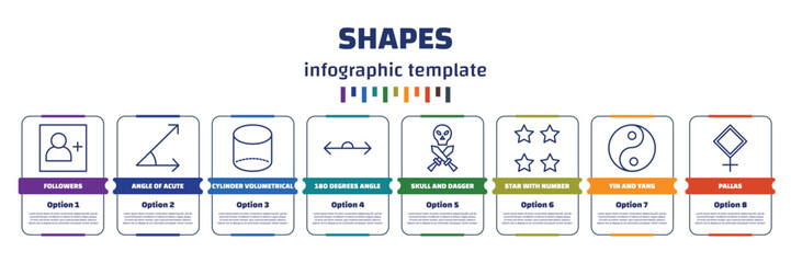 infographic template with icons and 8 options or steps. infographic for shapes concept. included followers, angle of acute, cylinder volumetrical, 180 degrees angle, skull and dagger, star with