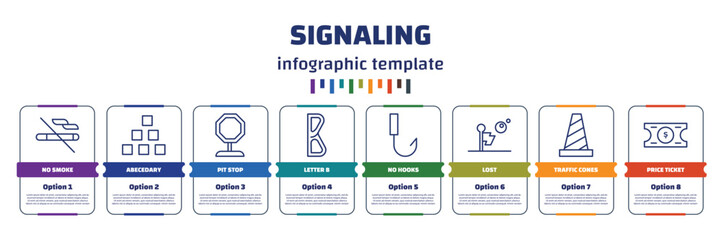 Poster - infographic template with icons and 8 options or steps. infographic for signaling concept. included no smoke, abecedary, pit stop, letter b, no hooks, lost, traffic cones, price ticket icons.