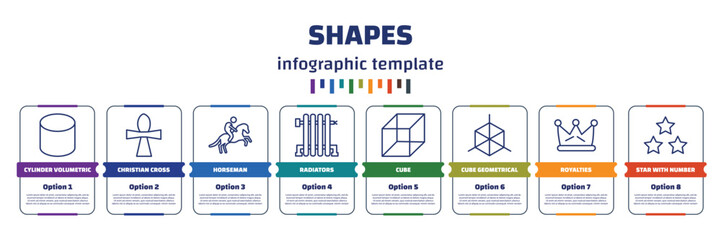 Poster - infographic template with icons and 8 options or steps. infographic for shapes concept. included cylinder volumetric, christian cross, horseman, radiators, cube, cube geometrical, royalties, star