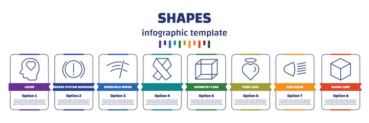 Poster - infographic template with icons and 8 options or steps. infographic for shapes concept. included lover, brake system warning, winshield wiper, , geometry cube, pure love, high beam, blank cube