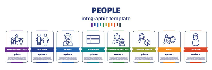 infographic template with icons and 8 options or steps. infographic for people concept. included father and children, restroom, bedouin, norwegian, babysitter and child, delivery woman, effort,