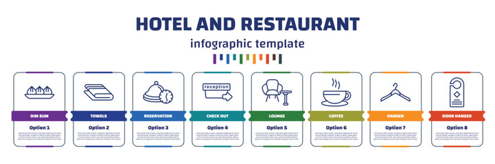 infographic template with icons and 8 options or steps. infographic for hotel and restaurant concept. included dim sum, towels, reservation, check out, lounge, coffee, hanger, door hanger icons.