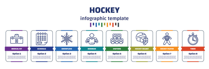 Poster - infographic template with icons and 8 options or steps. infographic for hockey concept. included medical kit, schedule, snowflake, bowman, visitors, hockey helmet, hockey player, timer icons.