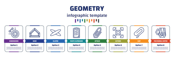 Poster - infographic template with icons and 8 options or steps. infographic for geometry concept. included dimensions, base, ellipse, paste clipboard, attach, extend, clip, polygonal coffee cup icons.