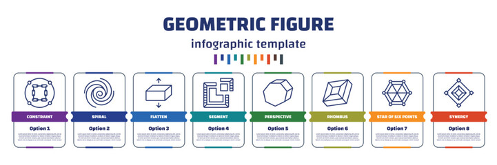 Poster - infographic template with icons and 8 options or steps. infographic for geometric figure concept. included constraint, spiral, flatten, segment, perspective, rhombus, star of six points, synergy
