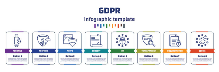 infographic template with icons and 8 options or steps. infographic for gdpr concept. included pendrive, profiling, photo, consent, eu, transparency, documentation, cookie icons.