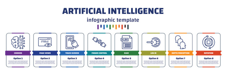 Poster - infographic template with icons and 8 options or steps. infographic for artificial intelligence concept. included cookies, page views, touch screen, finger control, xlsx, log in, depth perception,