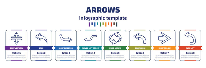 Poster - infographic template with icons and 8 options or steps. infographic for arrows concept. included split vertical, back, right direction, curved left arrow, undo arrow, backward, right arrow, turn