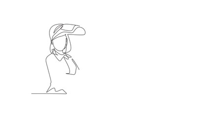 Poster - animated self drawing of single continuous line draw young female welder wearing mask posing cross a