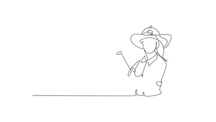Poster - Self drawing animation of single one line draw young female firefighter holding water nozzle. Professional work profession and occupation minimal concept. Continuous line draw. Full length animated.