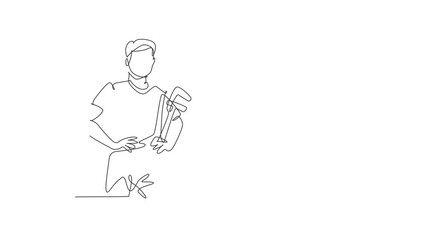 Poster - Self drawing animation of single line draw male plumber wearing uniform holding pipe wrench. Professional work profession and occupation minimal concept. Continuous line draw. Full length animated.