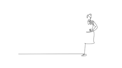 Poster - Self drawing animation of single line draw female stewardess standing posing with hands on hip. Professional work profession and occupation minimal concept. Continuous line draw. Full length animated.