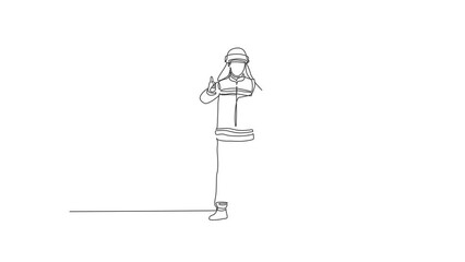 Poster - Self drawing animation of single line draw firefighters stood wearing helmets and uniforms complete with a thumbs-up gesture to work to extinguish the fire. Continuous line draw. Full length animated.