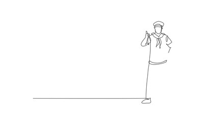 Poster - Animated self drawing of continuous one line draw a sailor man stands with a thumbs-up gesture to be part of a cruise ship carrying passengers traveling across seas. Full length single line animation.