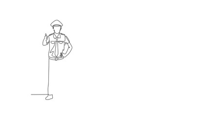 Poster - Self drawing animation of single line draw pilot stands with a thumbs-up gesture and complete uniform serves airplane passengers fly to their destination. Continuous line draw. Full length animated.