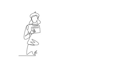 Poster - Animated self drawing of continuous one line draw female film director with a thumbs-up gesture while holding the clapperboard set the crew for studio shooting. Full length single line animation.