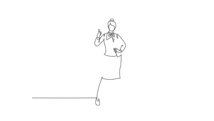 Wall Mural - Self drawing animation of single line draw flight attendant stands in a uniform with thumbs-up gesture at airport with the crew flying to their destination. Continuous line draw. Full length animated.