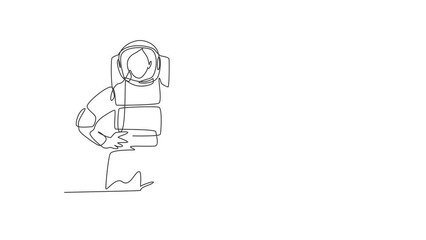 Poster - Self drawing animation of single line draw female astronauts with thumbs-up gesture wearing spacesuits to explore space in search the mysteries of universe. Continuous line draw. Full length animated.