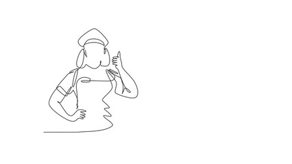 Poster - Self drawing animation of single line draw woman pilot with a thumbs-up gesture and in full uniform ready to fly with the cabin crew on the plane at airport. Continuous line draw. Full length animated