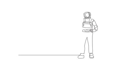 Poster - Animated self drawing of single continuous line draw astronaut stands with gesture okay wearing space suit exploring earth, moon, other planets in the universe. Full length one line animation.