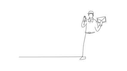 Poster - Animated self drawing of continuous line draw postman standing in a hat, sling bag, uniform, holding envelope, and with gesture okay delivering mail to home address. Full length single line animation.