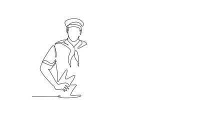 Poster - Animated self drawing of continuous line draw sailor man with gesture okay and scarf around his neck ready sail across seas in a ship headed by captain. Success job. Full length single line animation.