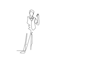 Poster - Self drawing of single line draw steward stands in uniform with gesture okay prepare at the airport with the crew flying to their destination. Continuous line draw. Full length animated illustration.