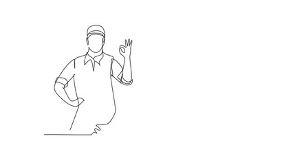 Poster - Animated self drawing of continuous line draw handyman with gesture okay ready to work on repairing the damaged part of house. Professional work. Success business. Full length single line animation.