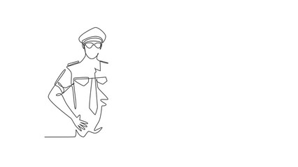 Poster - Animated self drawing of single continuous line draw male pilot with gesture okay and full uniform ready to fly with cabin crew in aircraft at international airport. Full length one line animation.