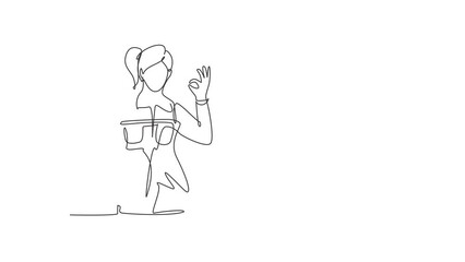 Wall Mural - Self drawing animation of single line draw female carpenter with gesture okay works in his workshop making wooden products. Skills in using carpentry tools. Continuous line draw. Full length animated.