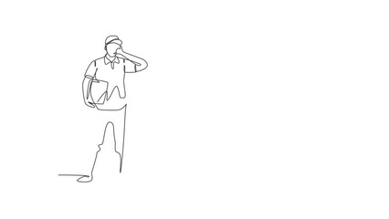 Poster - Animated self drawing of continuous line draw deliveryman stands with call me gesture carrying package box that customer order to be delivered safely. Success job. Full length one line animation.