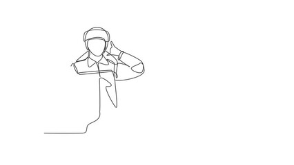 Poster - Self drawing animation of single line draw firefighters with uniform, call me gesture and wearing helmet prepare to put out the fire that burned building. Continuous line draw. Full length animated.