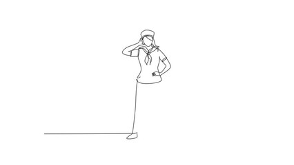 Poster - Animated self drawing of single continuous line draw sailor woman stands with call me gesture and scarf around neck join cruise ship carrying passengers traveling seas. Full length one line animation.